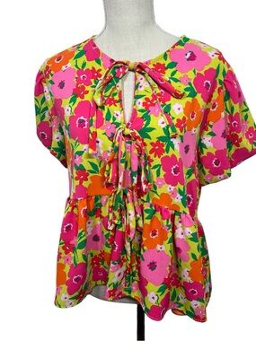 NWT Haptics Holly Harper Floral Tie Front Peplum Blouse Pink and Green Large
